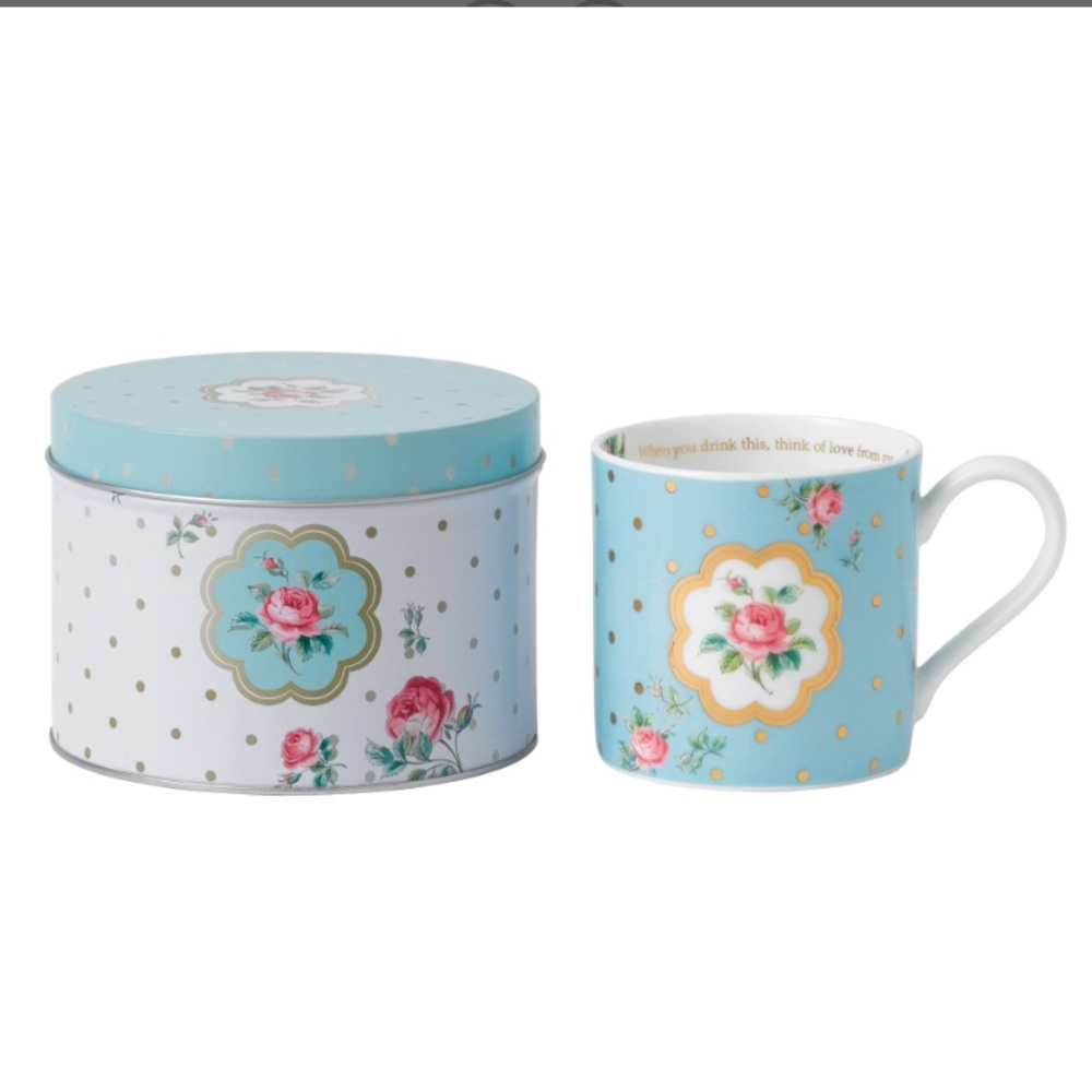 Royal Albert Country Roses Polka Blue Cup and Tin.